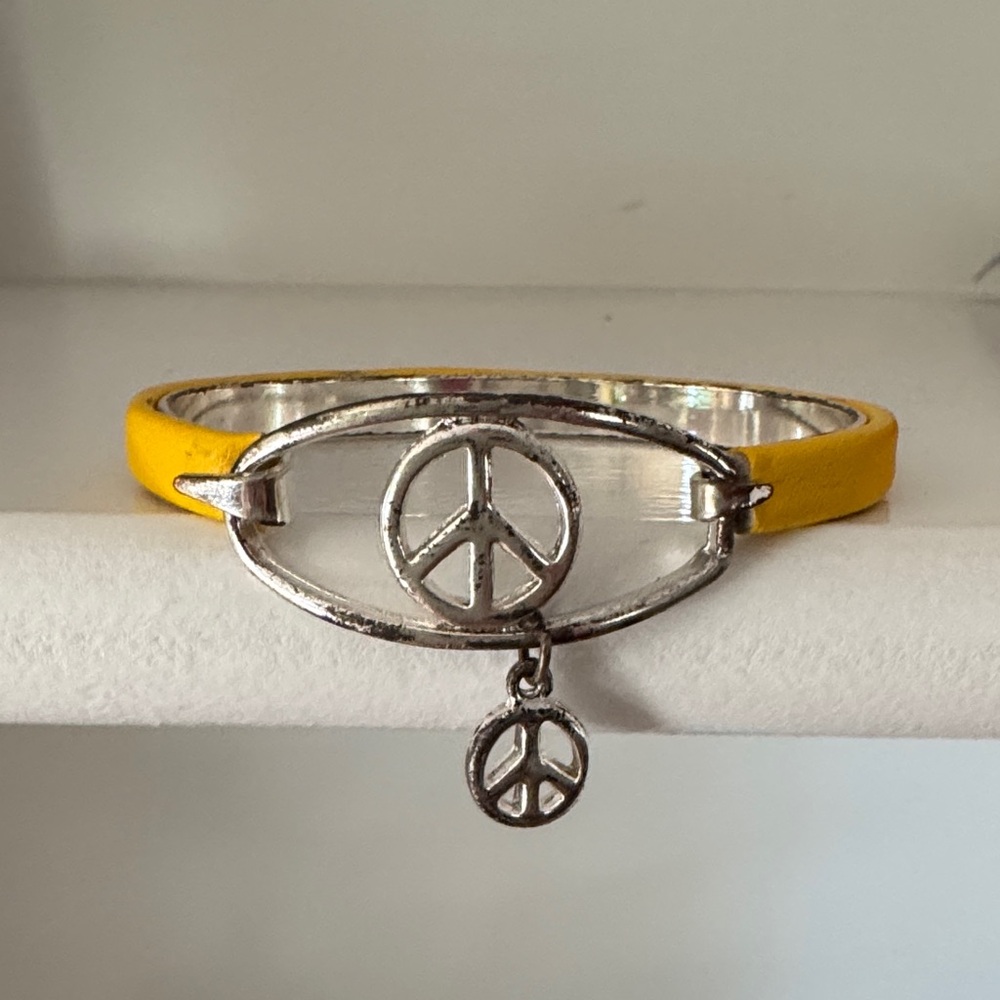 Yellow Peace Sign Bangle Bracelet 7”